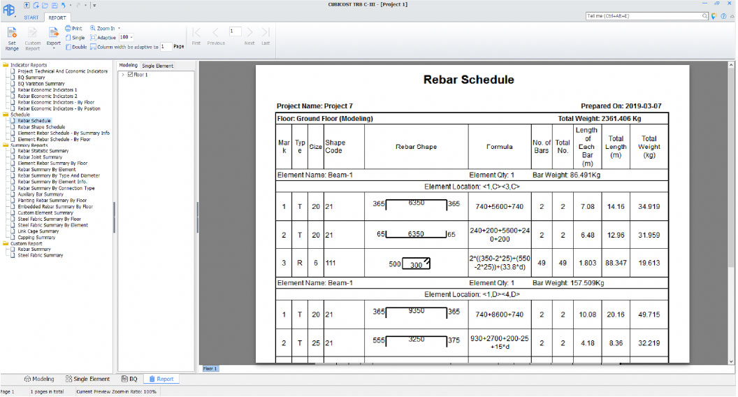 มีเทมเพลตรายงานที่ปรับแต่งได้ในตัว สำหรับแสดงปริมาณเหล็กเส้นและการเปรียบเทียบ พร้อมความสามารถในการส่งออกเป็นไฟล์ Excel ได้อย่างง่ายดาย เพื่อการปรับแก้เพิ่มเติมให้สอดคล้องกับความต้องการขององค์กร