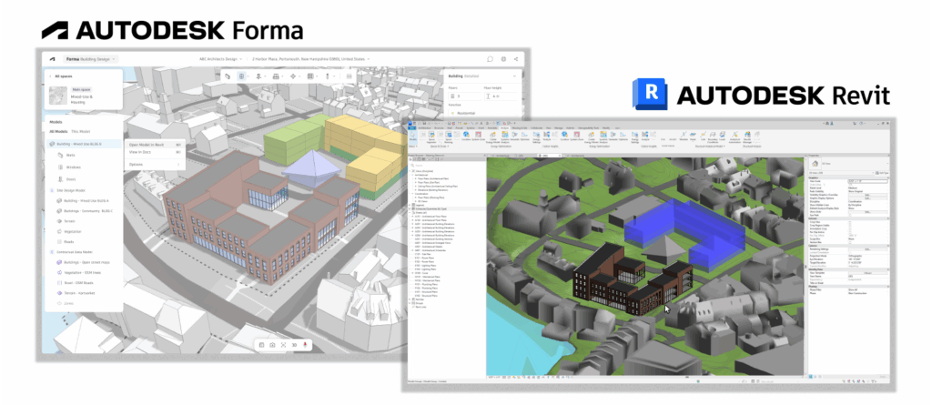 Autodek Revit จะเชื่อมกับ Autodesk Forma ได้แบบสองทาง ทำให้การออกแบบ conceptual → detailed ลื่นไหลกว่าที่เคย